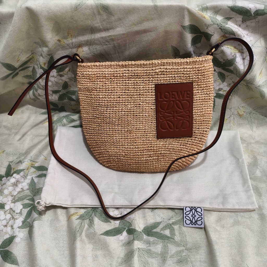 Loewe Natural Raffia Crossbody With Brown Leather Patch & Strap